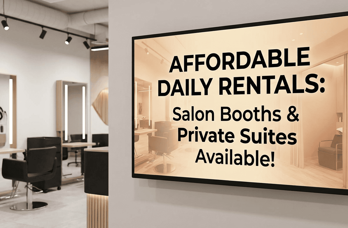 Modern salon interior with rental booths and private suites for beauty professionals.