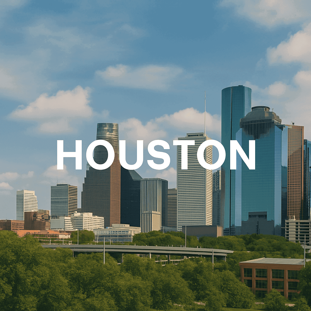 Houston city skyline with skyscrapers and green park in foreground.