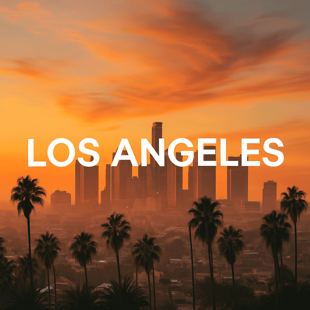 Los Angeles skyline with palm trees at sunset, showcasing the city’s iconic urban landscape. Perfect.