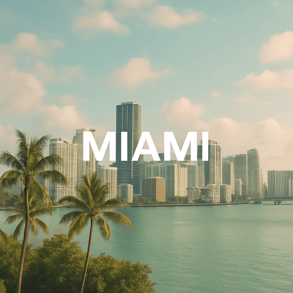 Miami skyline with palm trees and waterfront, ideal for salon rental and beauty services.