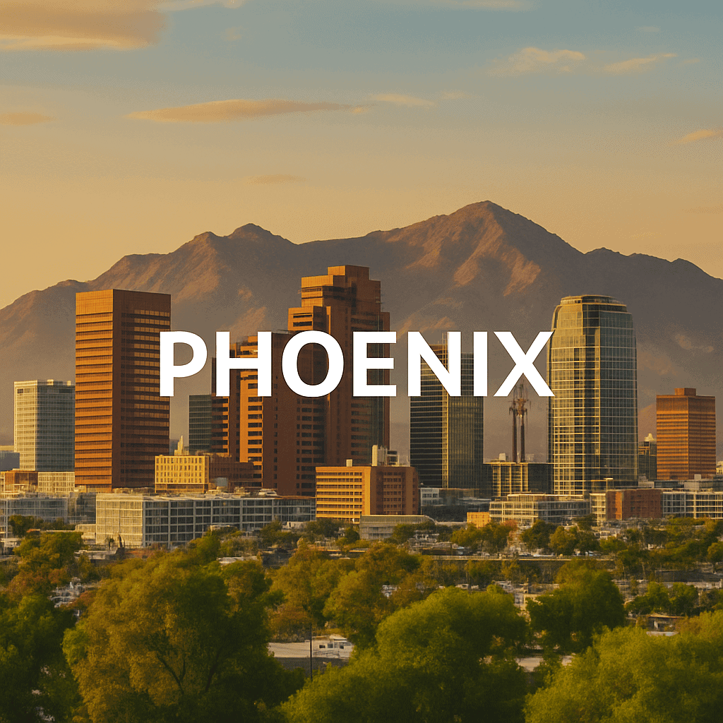 Phoenix city skyline with mountains in the background at sunset.