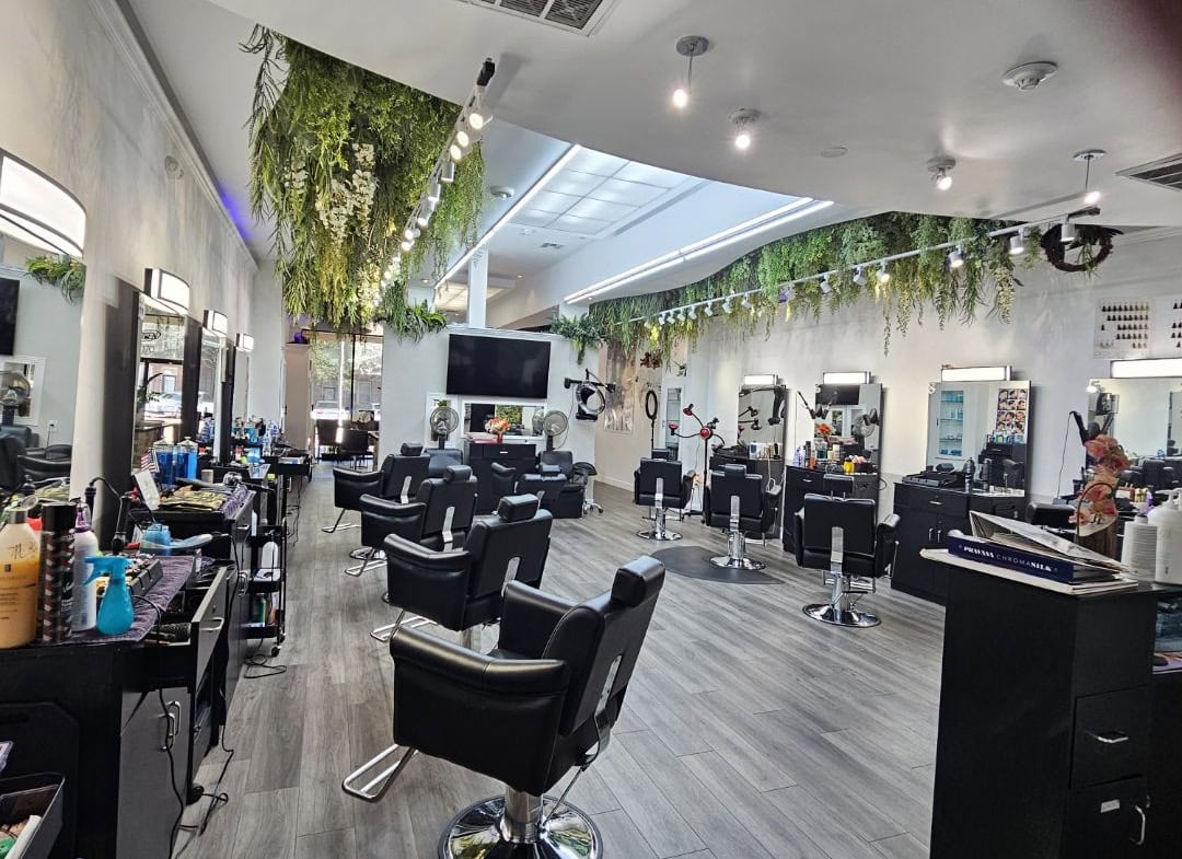 Modern salon interior with styling stations, mirrors, and hanging plants for a fresh, inviting atmos.