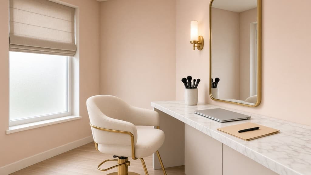 Empty modern salon suite staged for a lease walkthrough (chair, mirror, closed laptop and folder)