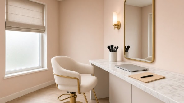 Empty modern salon suite staged for a lease walkthrough (chair, mirror, closed laptop and folder)