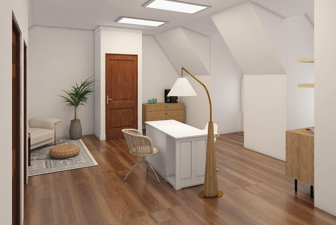 Modern salon reception area with wooden flooring and cozy seating.