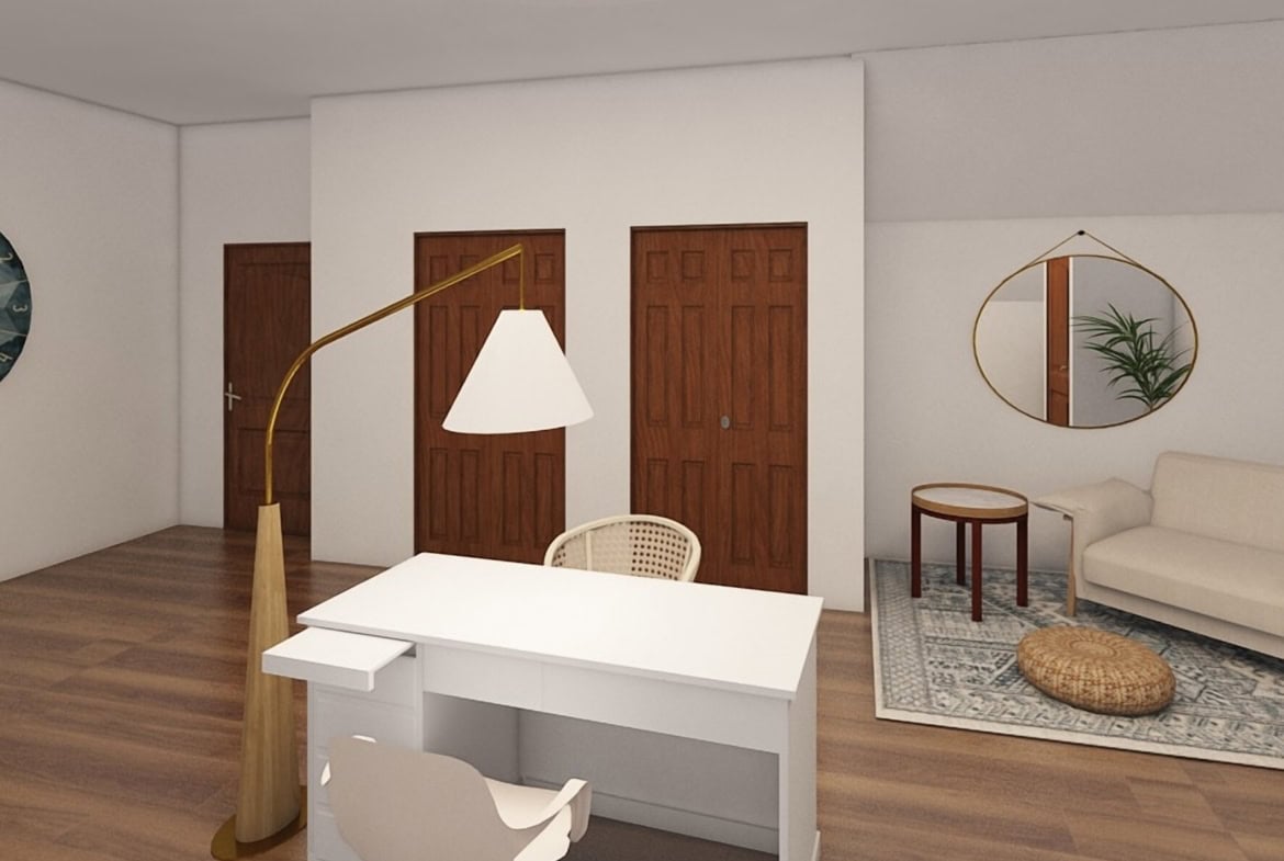 Bright, modern salon office with white desk, comfortable seating, and stylish decor.