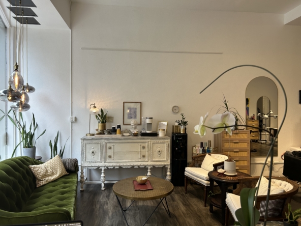 Modern salon interior with vintage furniture, white walls, and lush green plants for a relaxing beau.