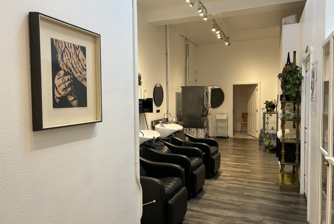 Salon Renter hair salon with styling stations and washbasins for professional hair services. Modern,.