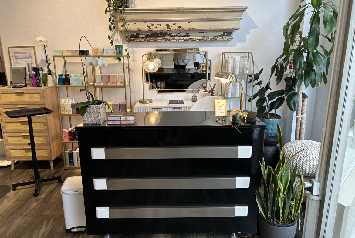 Stylish salon reception with modern decor, plants, and a sleek black counter for a welcoming client.