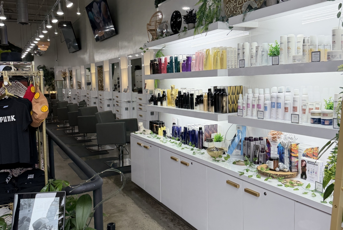Bright salon interior showcasing organized shelves of hair care and styling products.