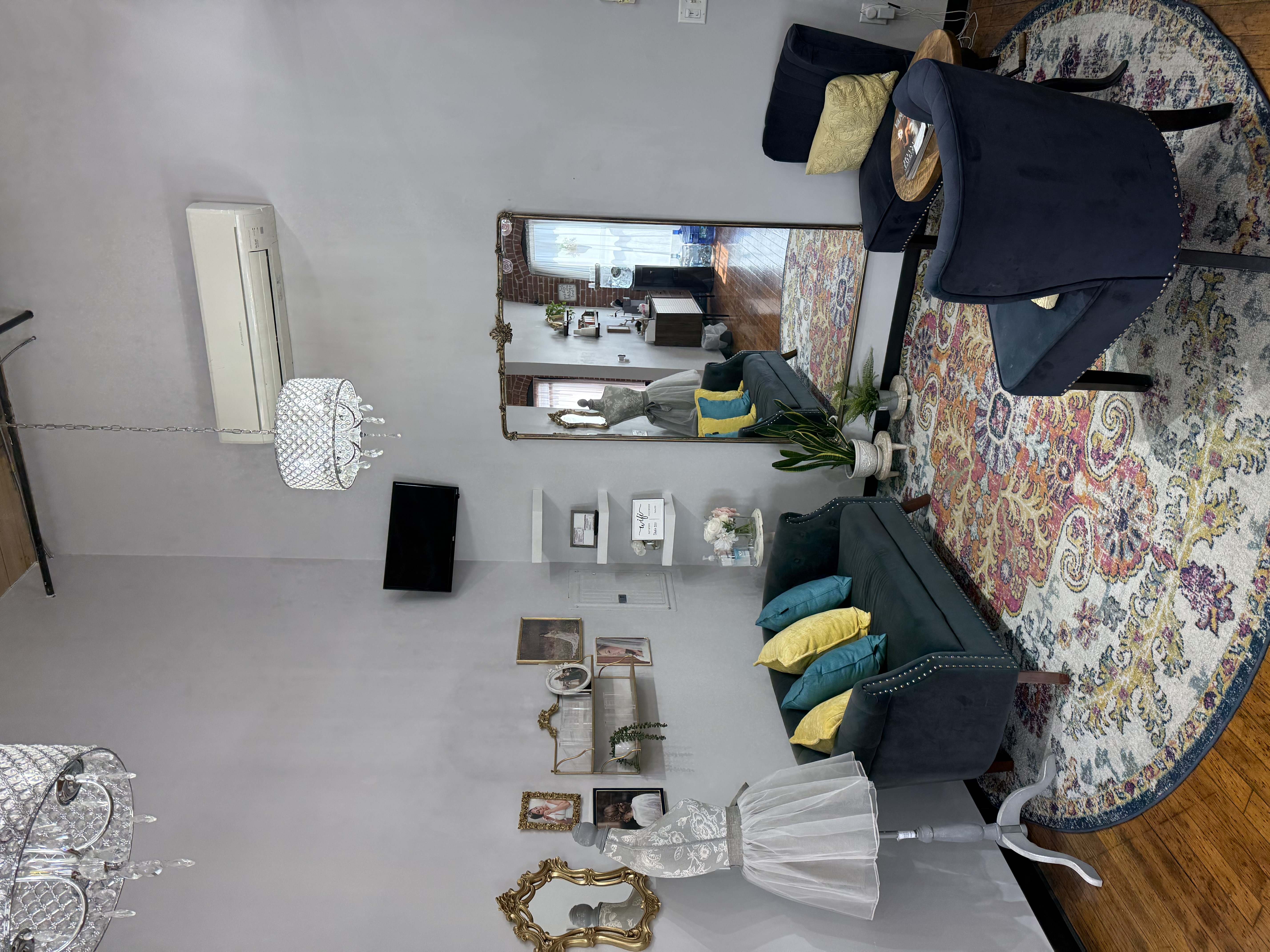 Elegant salon waiting area with stylish furniture, decorative mirrors, and cozy seating. Perfect for.