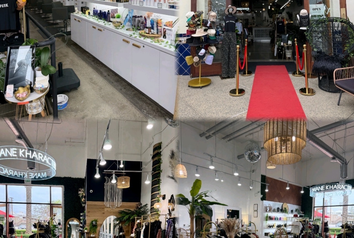 Retail beauty store interior with hair and skincare products, accessories, and stylish decor at Salo.