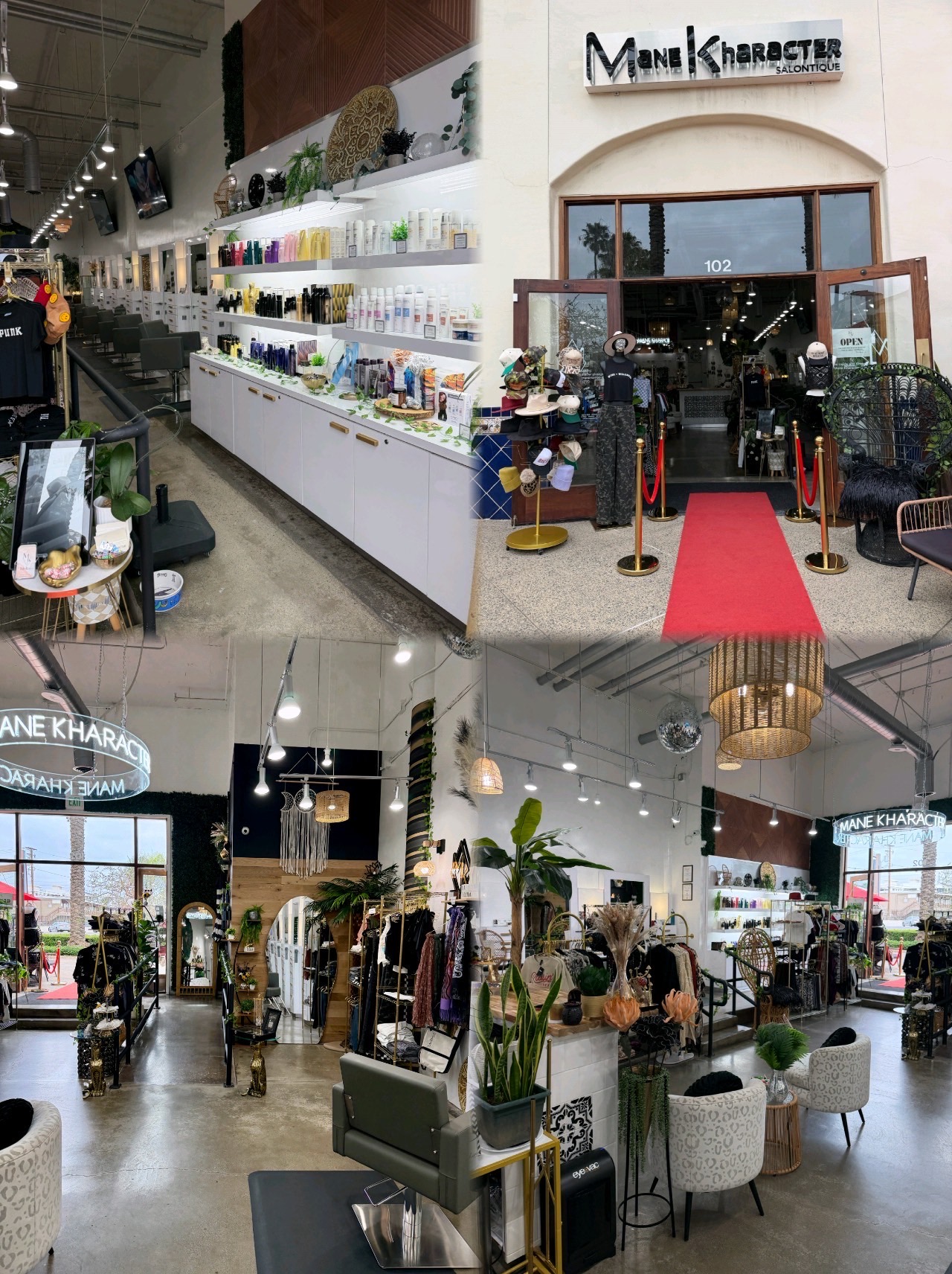 Retail beauty store interior with hair and skincare products, accessories, and stylish decor at Salo.