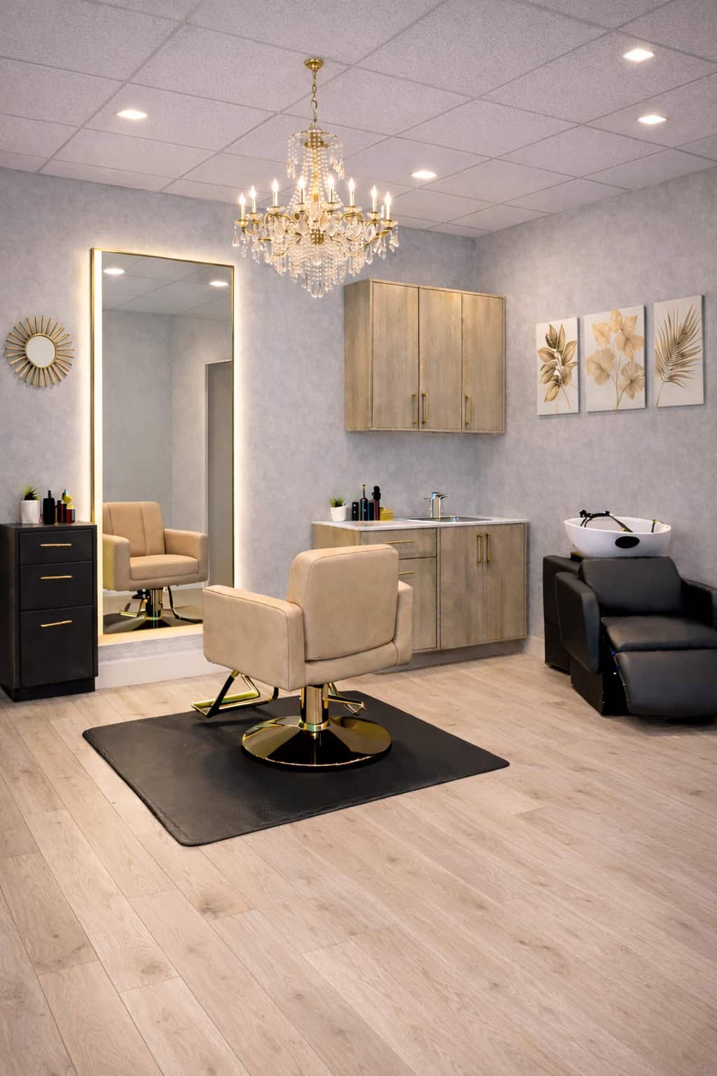 Stylish salon interior with styling chairs, mirror, and decor for hair and beauty services.