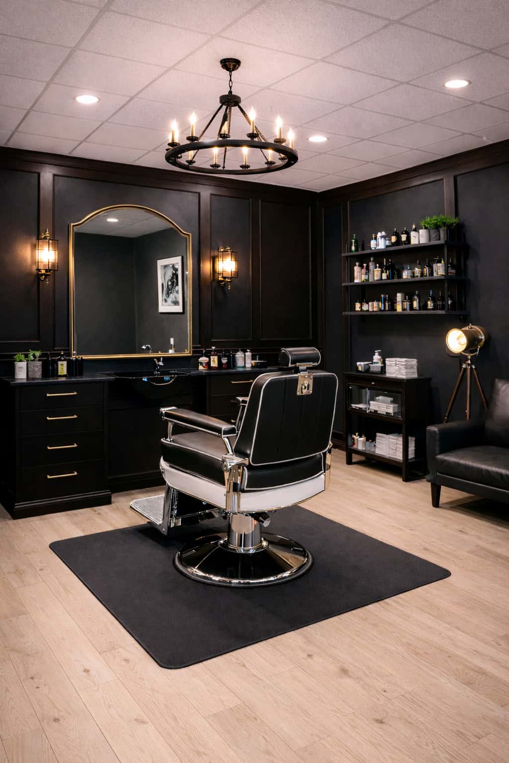 Stylish salon barber station with black walls, modern decor, and professional styling chair.