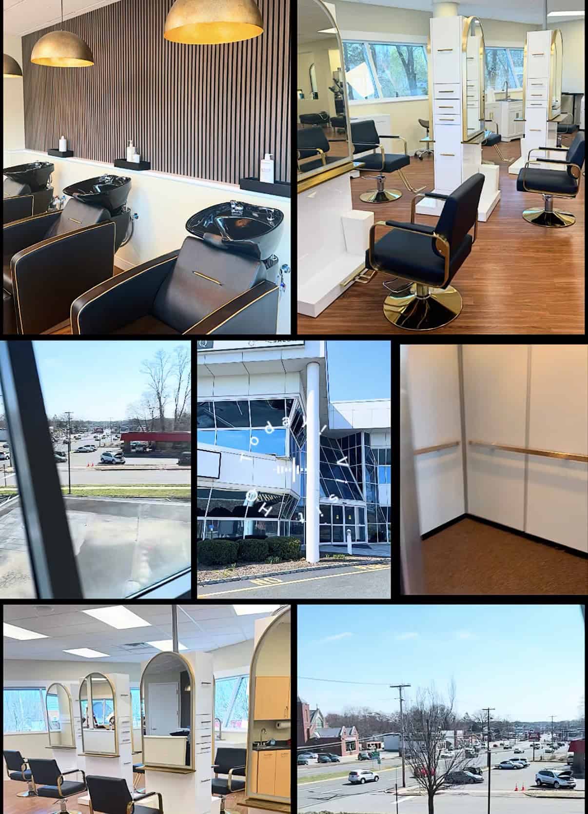 Modern salon interior with styling stations and washbasins, bright natural light, and sleek decor. E.