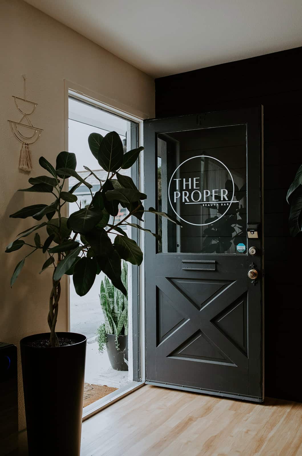 Modern salon renter entrance with black door, glass window, and lush green plants.