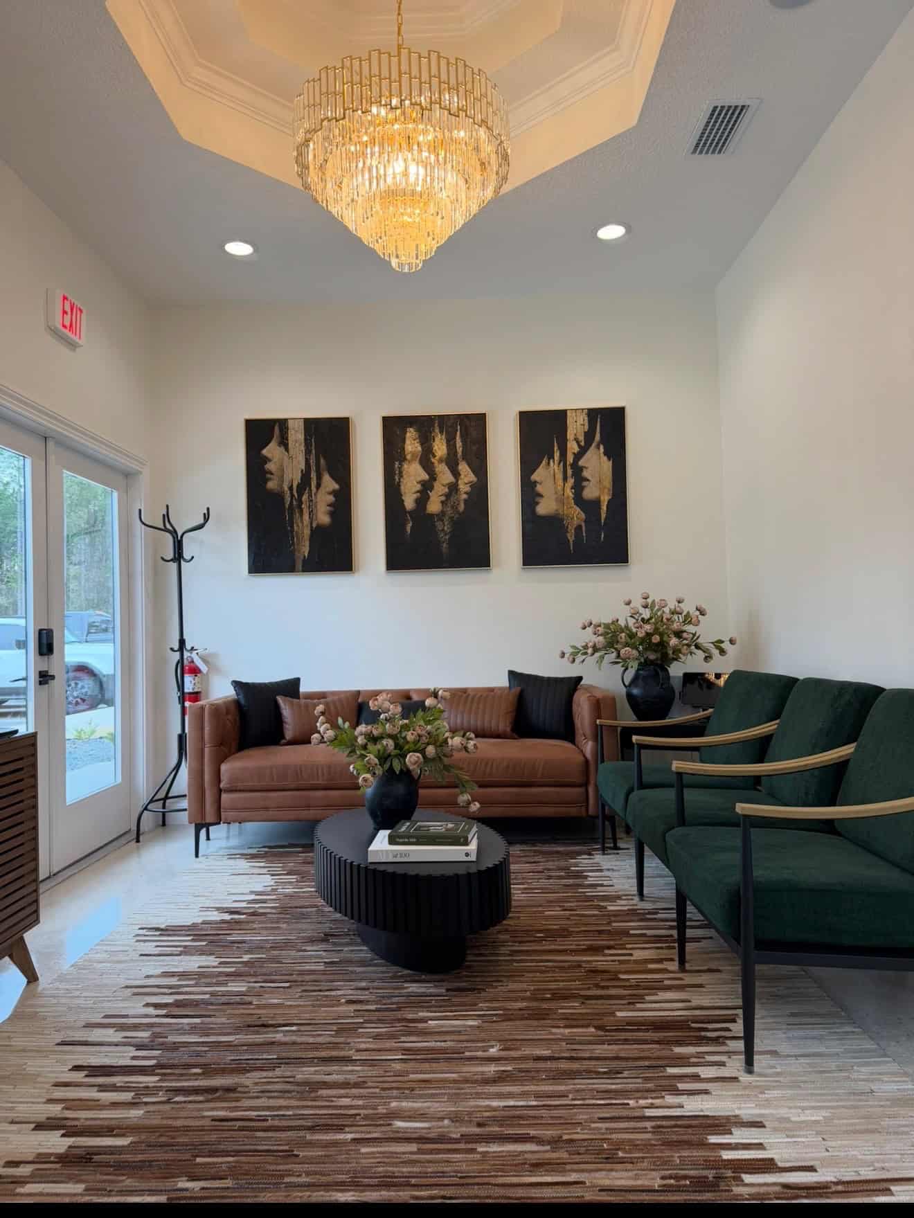 Elegant salon waiting area with modern decor, comfortable seating, and stylish artwork for a welcomi.