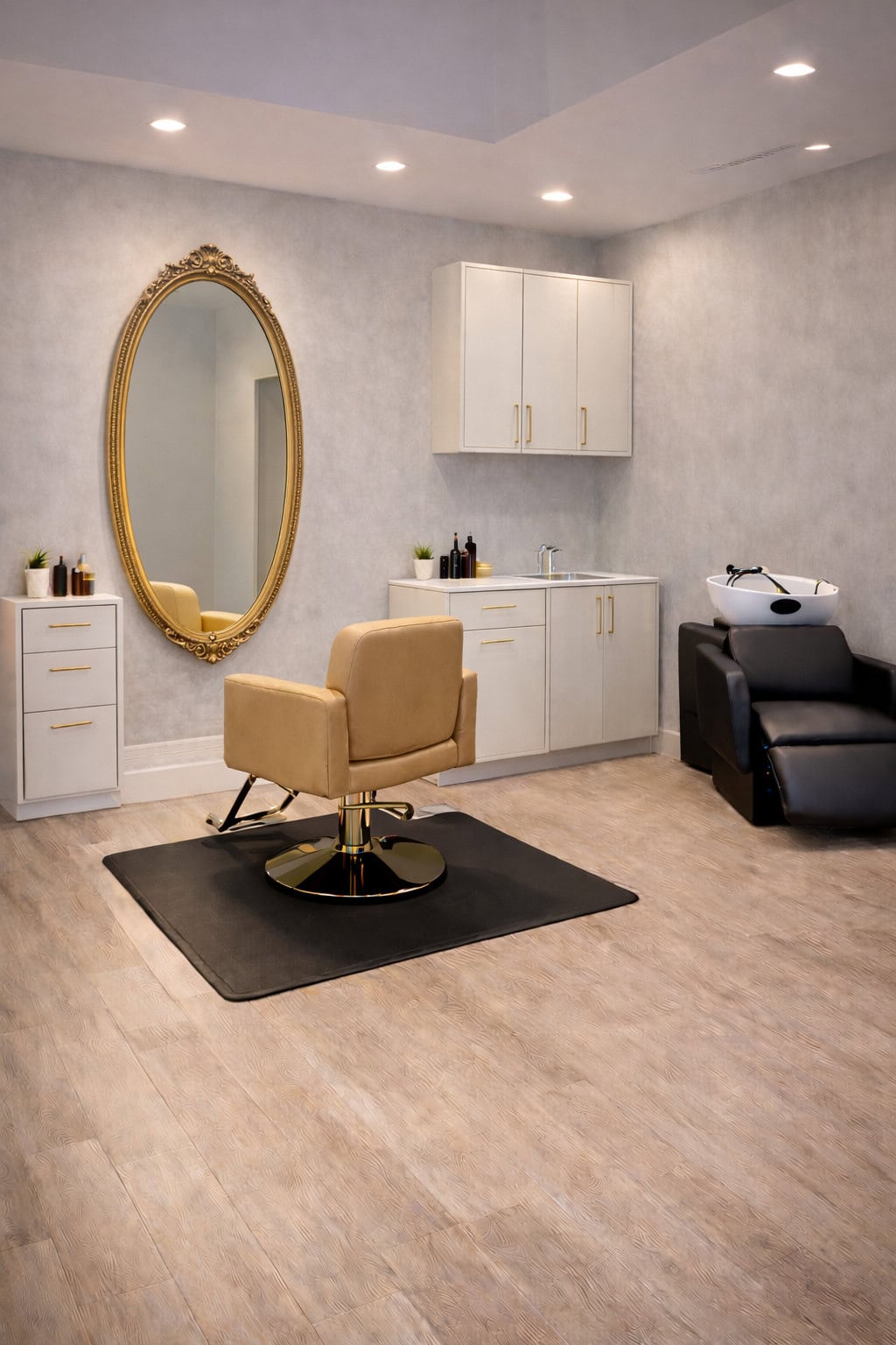 Salon Renter professional salon station with large mirror and comfortable styling chair.