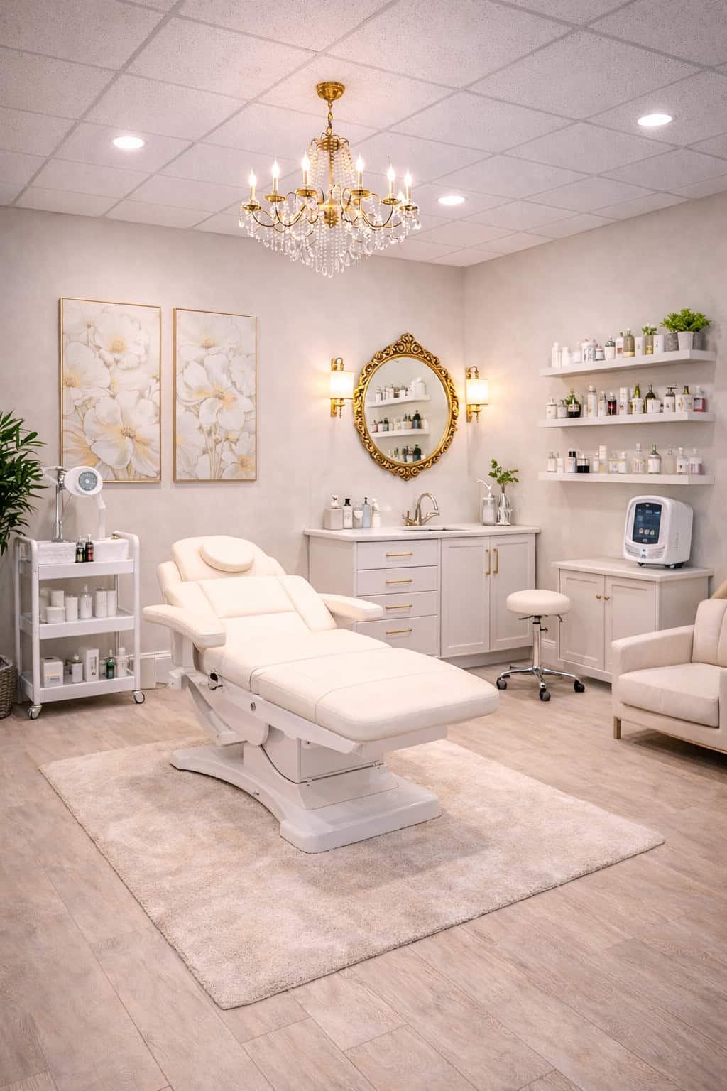 Relaxing spa treatment room featuring a comfortable treatment bed, soft lighting, and elegant decor.