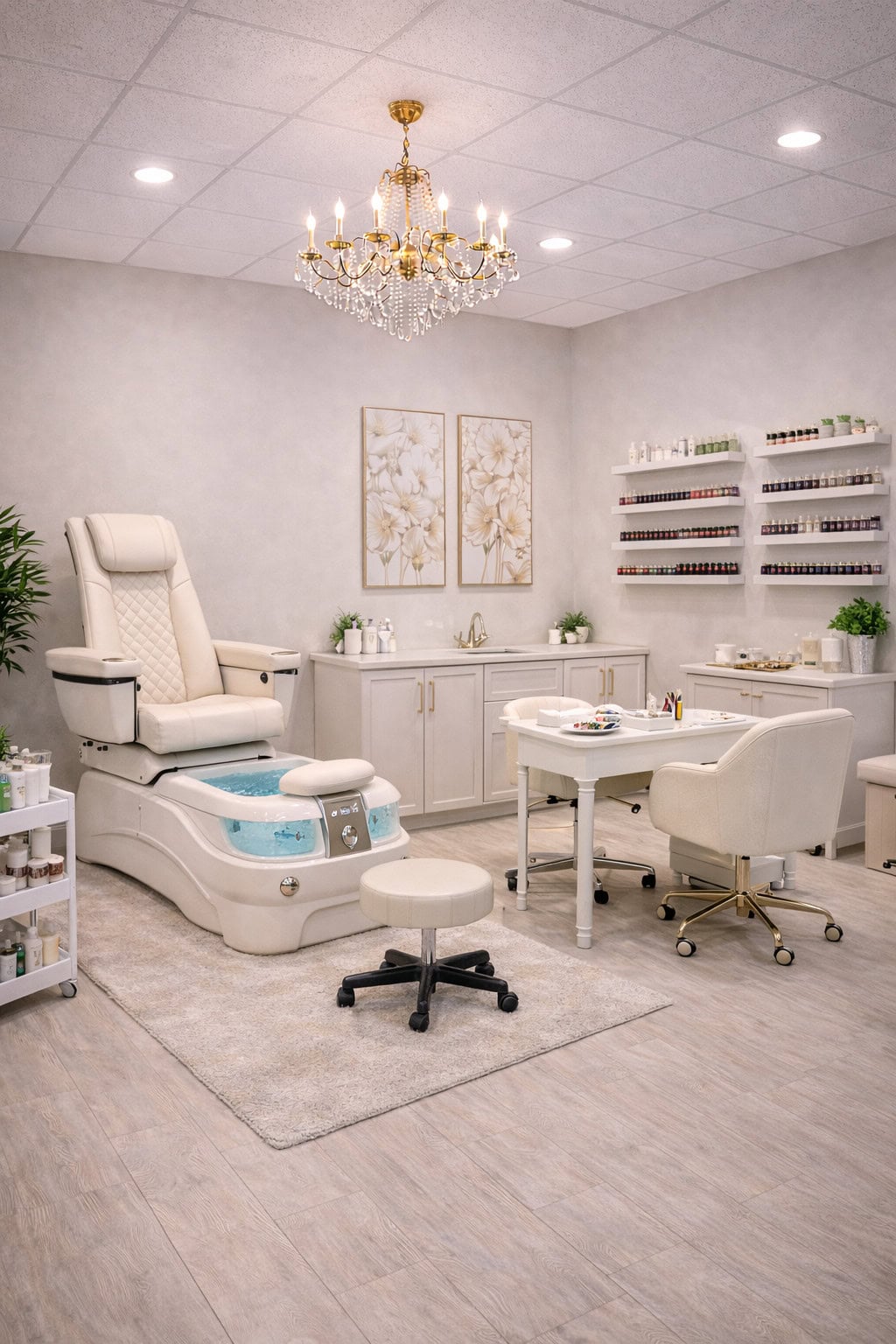 Salon Renter spa room featuring a pedicure chair, nail station, and elegant decor for beauty treatme.