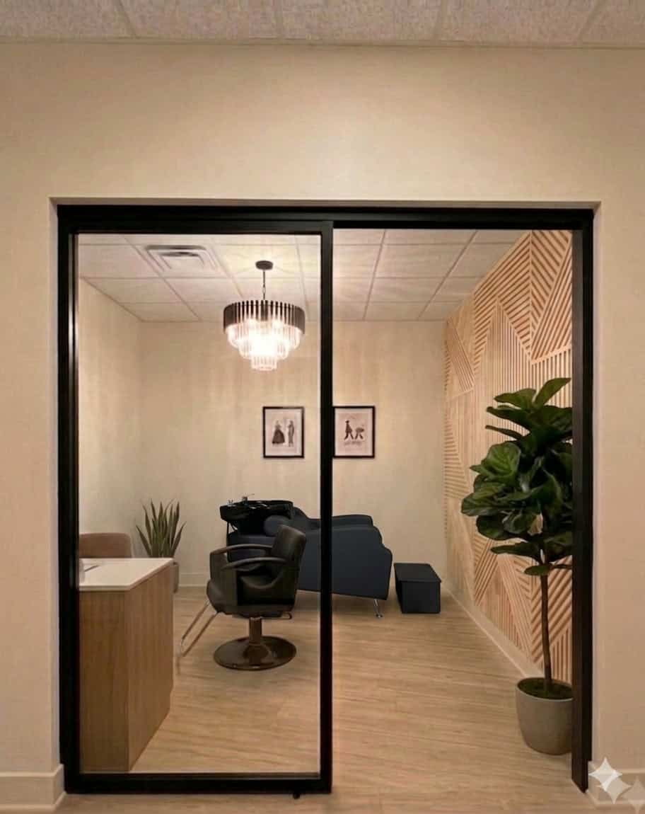 Modern salon office with styling chair, chandelier, and decorative wall panel.