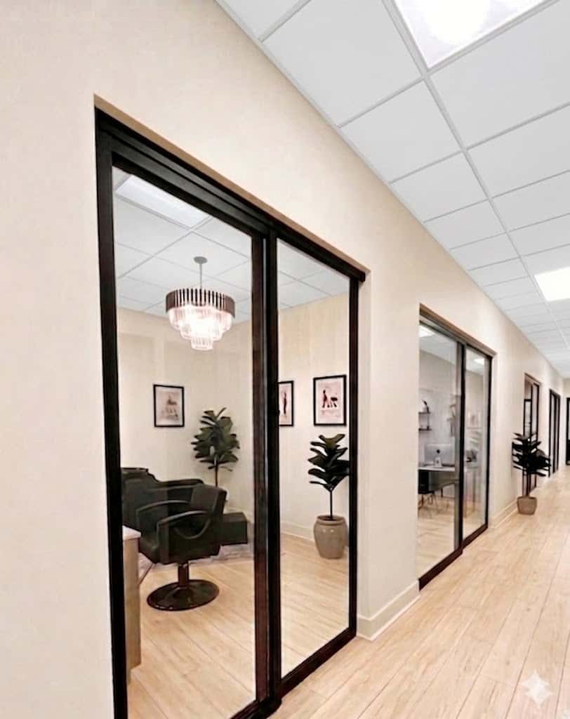 Stylish salon rental suites with glass doors, modern decor, and comfortable styling stations.
