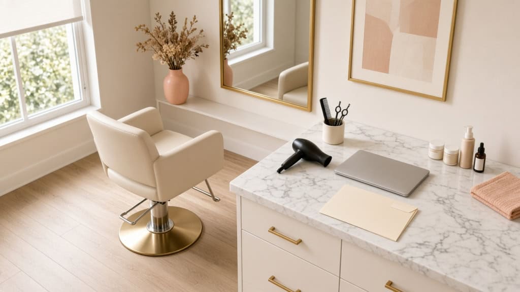 Empty modern salon suite with chair, mirror, and insurance paperwork folder on the counter
