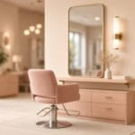 Empty modern salon booth station staged for a weekly rent walkthrough