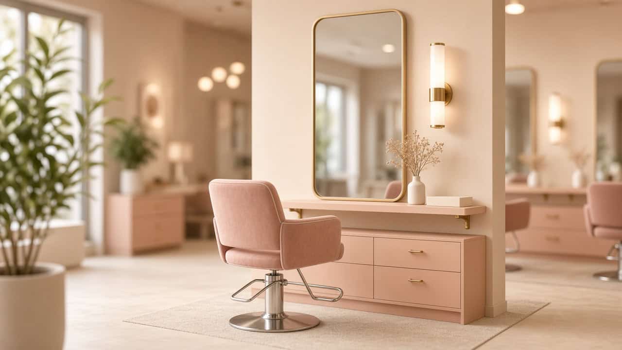 Empty modern salon booth station staged for a weekly rent walkthrough