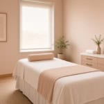 Empty private salon treatment room with table, sink vanity, and soft daylight