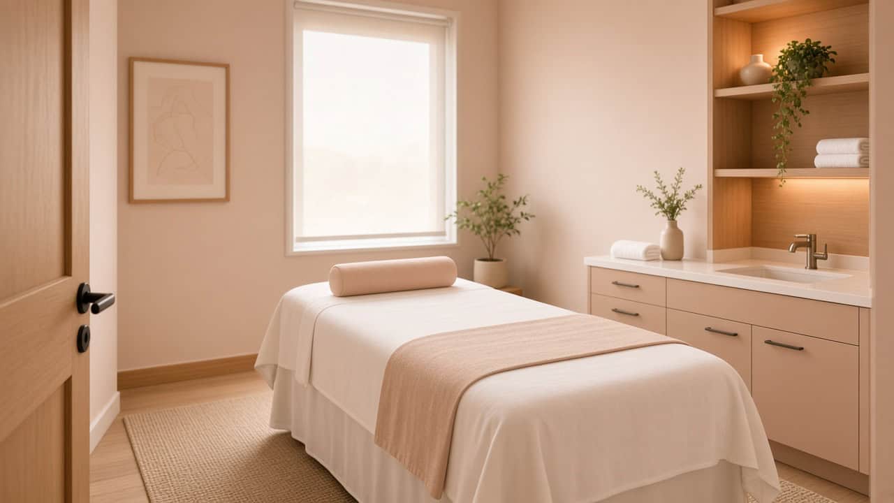 Empty private salon treatment room with table, sink vanity, and soft daylight