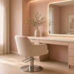 Empty modern private salon suite with styling chair and vanity, ready for a rental price walkthrough.