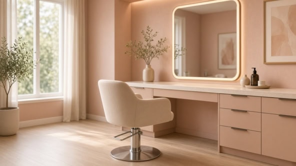 Empty modern private salon suite with styling chair and vanity, ready for a rental price walkthrough.