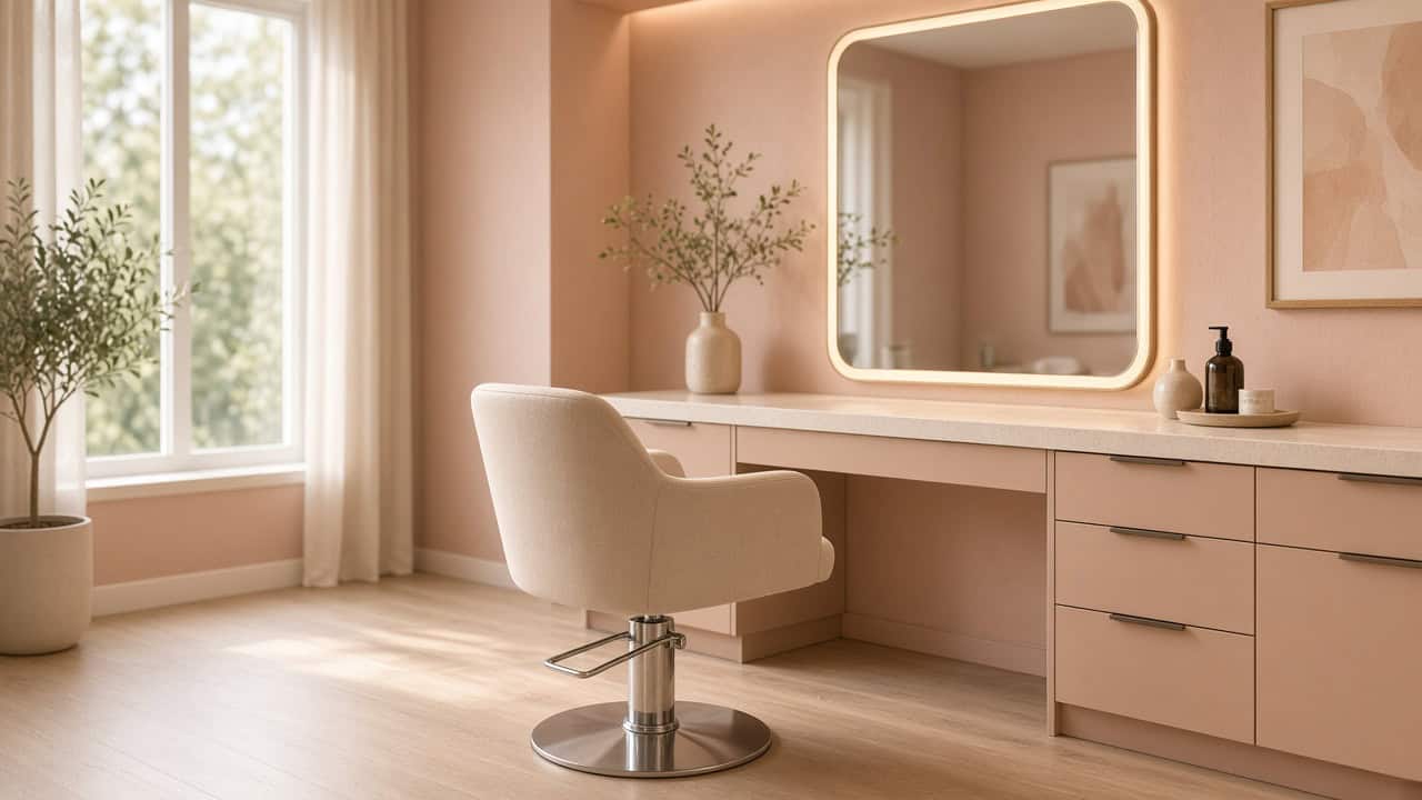 Empty modern private salon suite with styling chair and vanity, ready for a rental price walkthrough.