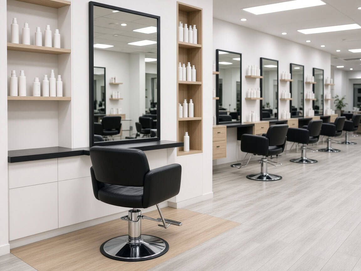 Row of empty open booth stations on a shared salon floor for contrast with a private room.