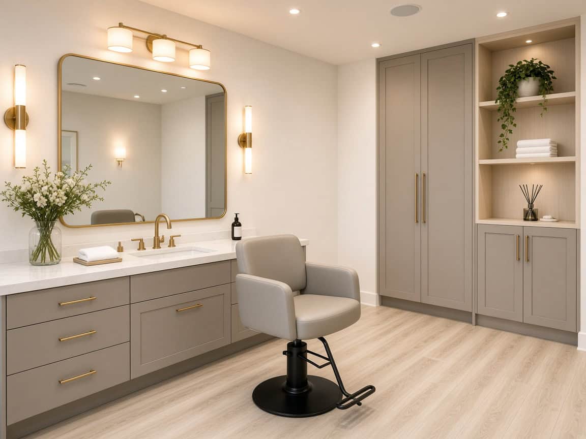Private salon suite interior showing chair, mirror, and vanity buildout that often shapes rental price.