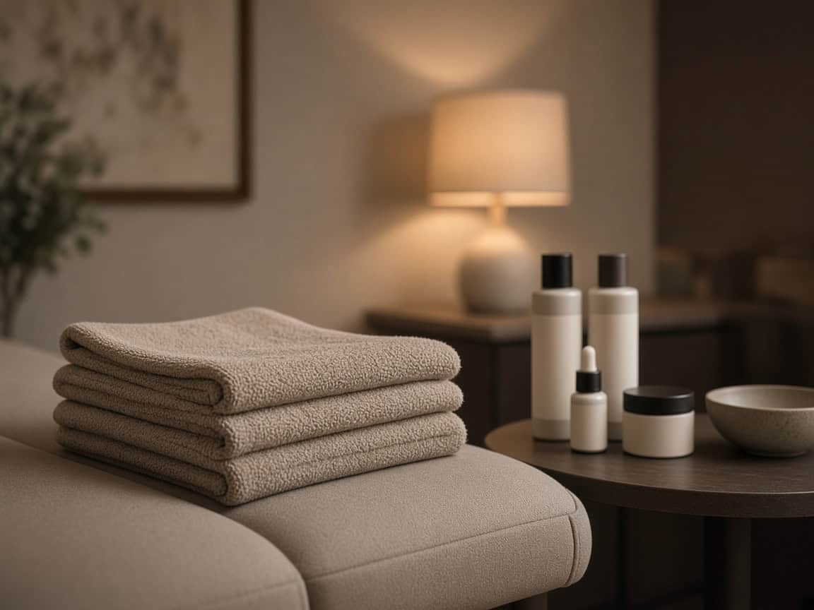 Folded towels and unlabeled bottles on a private treatment room table under soft lamp light.