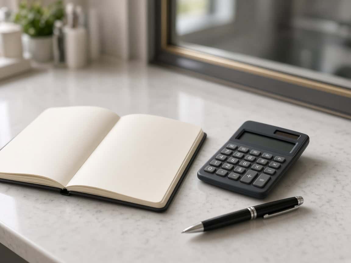 Notebook, calculator, and pen on a salon suite counter for planning weekly rental prices.