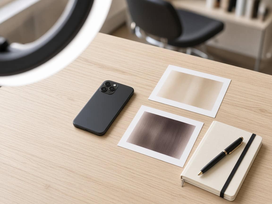 Portfolio photos and phone on a table beside a notebook for salon job applications.